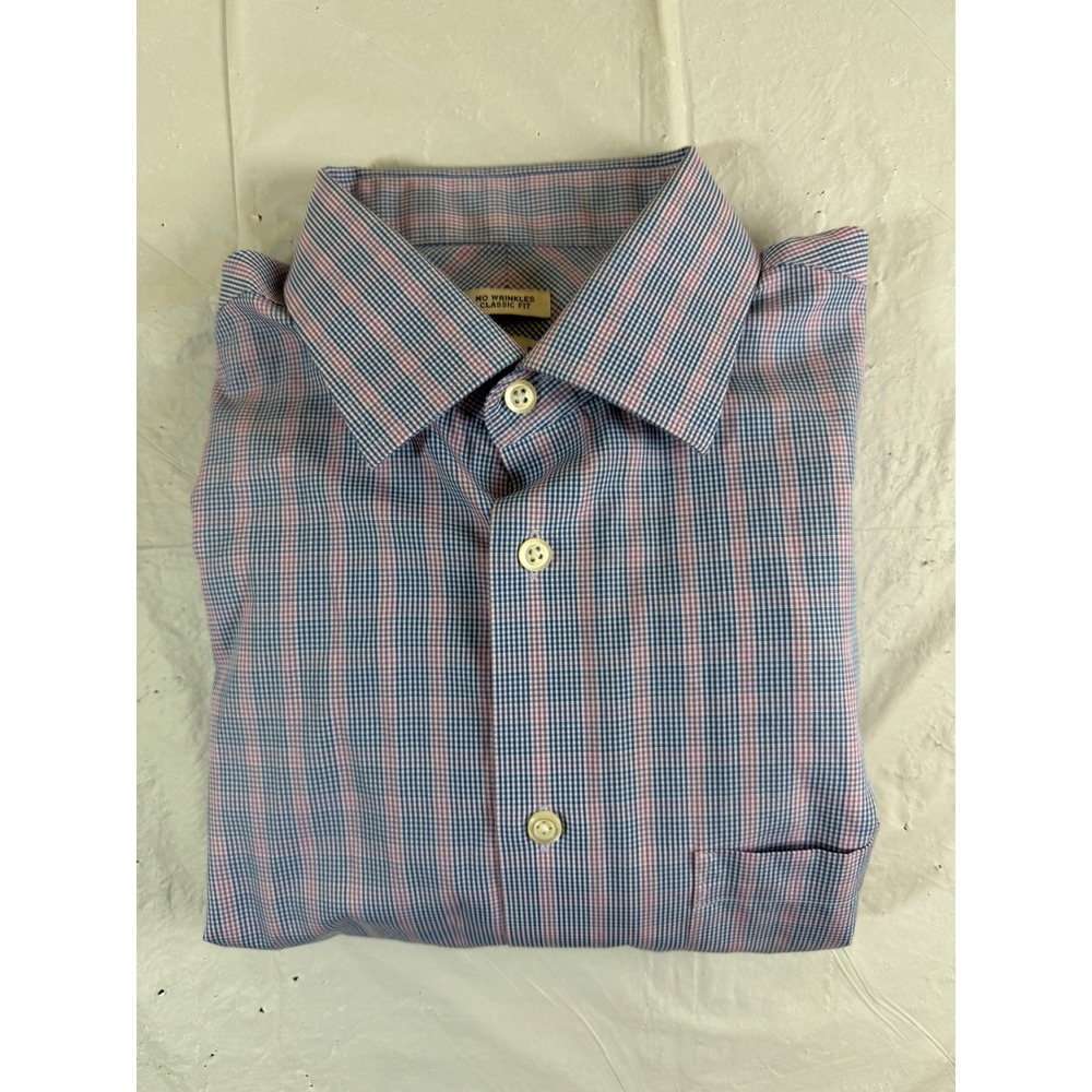 Joseph Abboud Mens 15 34/35 Blue Purple Check No Wrinkle Classic Fit Dress Shirt
